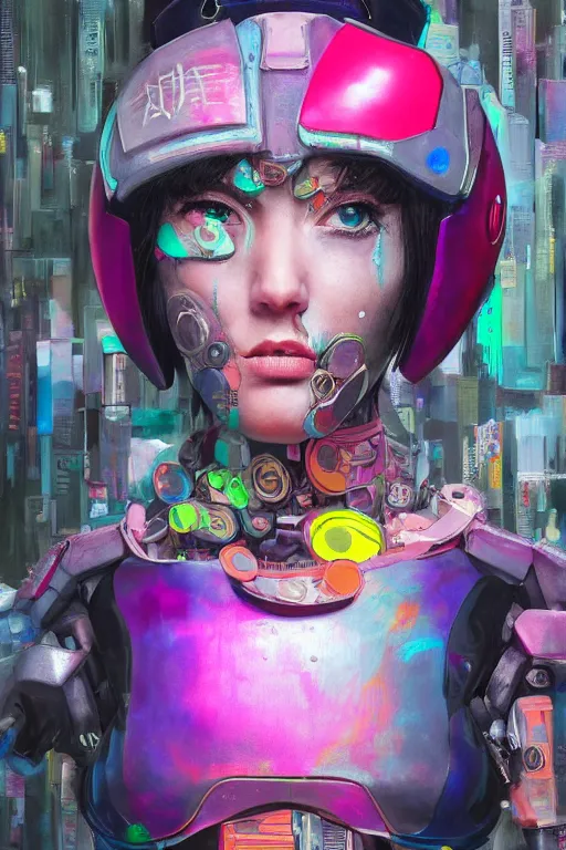 Prompt: a character wearing a diy costume with a lot of details, with fluo colored details, muted colors, ghost in the shell, satoshi con, hyper real painting