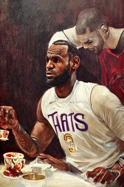 Prompt: lebron james solemn at tea party, melancholy, oil on canvas, intricate, 8 k highly professionally detailed, hdr, cgsociety