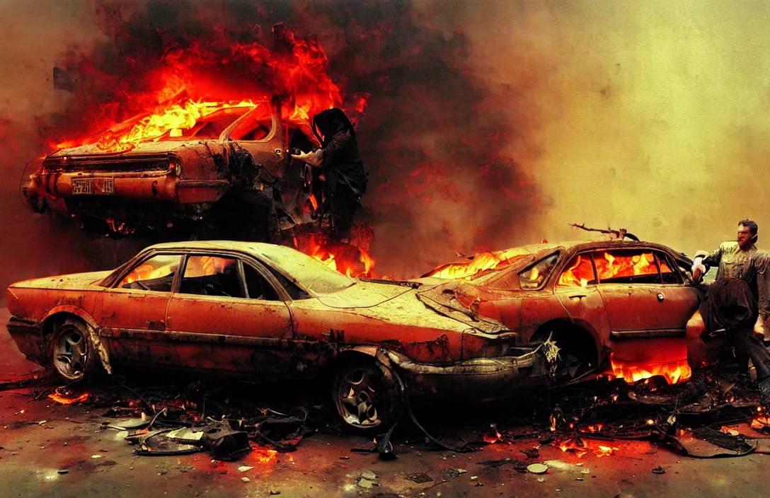 Image similar to abandoned car on fire, detailed painting, epic lighting, by ilya repin, phil hale and kent williams