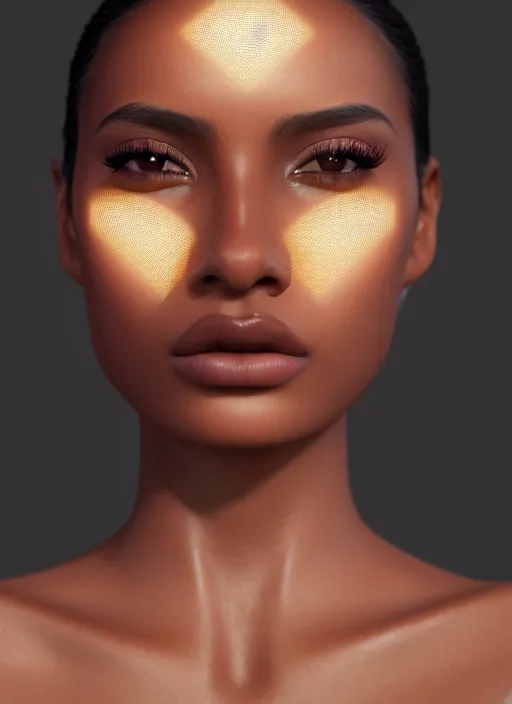 Prompt: beautiful female portrait, latina, brown skin, composite, attractive facial features, haze, intricate, symmetrical!!, makeup, maybelline, depth of field, cinematic, filmic, vsco, concept art, artstation, digital painting, elegant, model, gorgeous, vray, cinema 4 d, octane render, ambient occlusion, prism lights