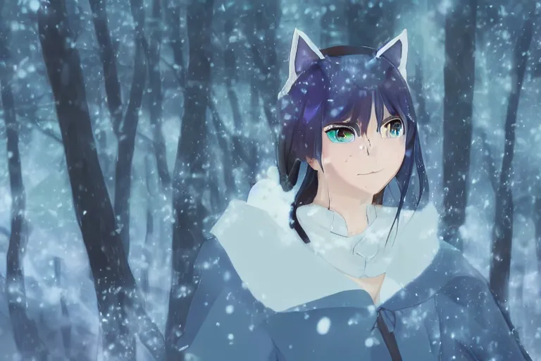 Prompt: female mage with cat ears in a snowy forest, detailed attractive face, fantasy art, anime style, by makoto shinkai, by studio ghibli, atmospheric, vector art, 4 k film still, close up portrait