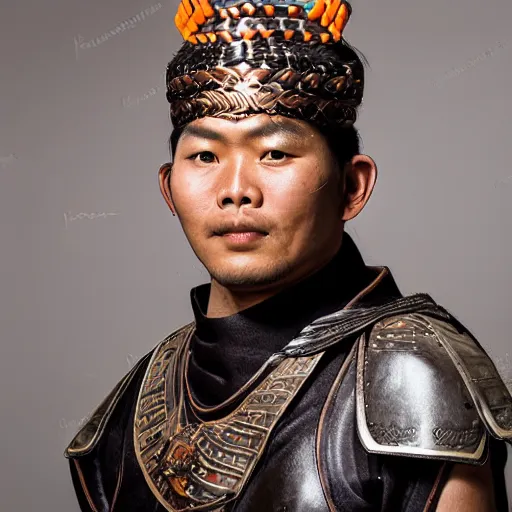 Prompt: portrait of handsome man, face like of saharat sangkapreecha, tai warrior, leather costume