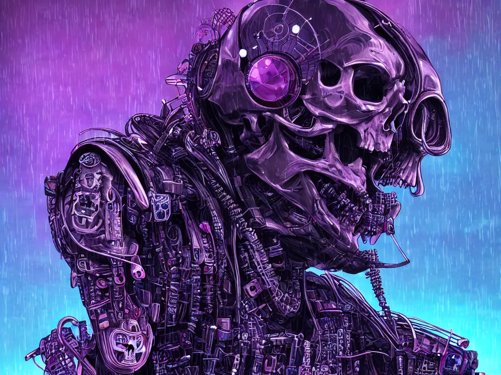 Image similar to high detailed dead android skull samurai in a cyberpunk rainy city at night by Josan Gonzalez, purple and blue neons, unreal engine, high quality, 4K, UHD, trending on ArtStation, wires, blade runner vibes, ghost in the shell, akira, dorohedoro