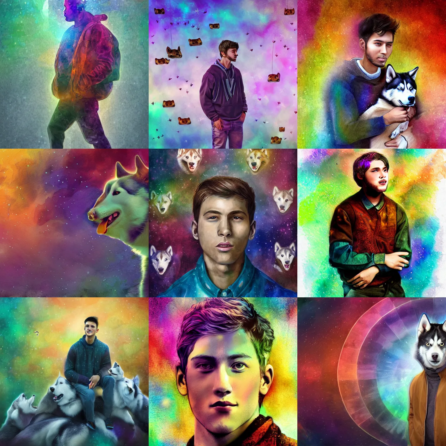 Prompt: young man surrounded by an aura of emotions with huskies floating above him, rich iridescent colors, digital art, very detailed, watercolor, 4 k hd