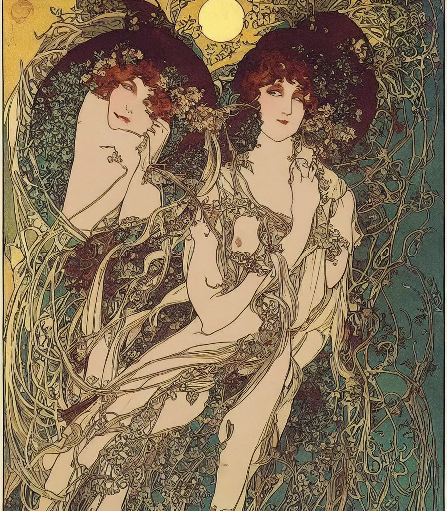 Image similar to an art noveau poster of a beautiful moon goddess by Mucha