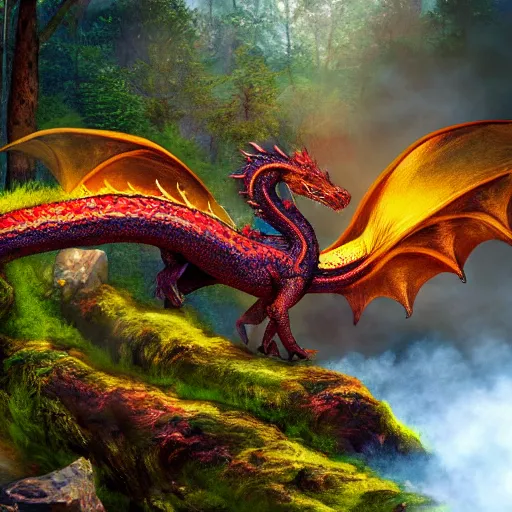 Image similar to highly detailed photograph of a dragon in a colorful hotspring with forest backdrop, featured on artstation