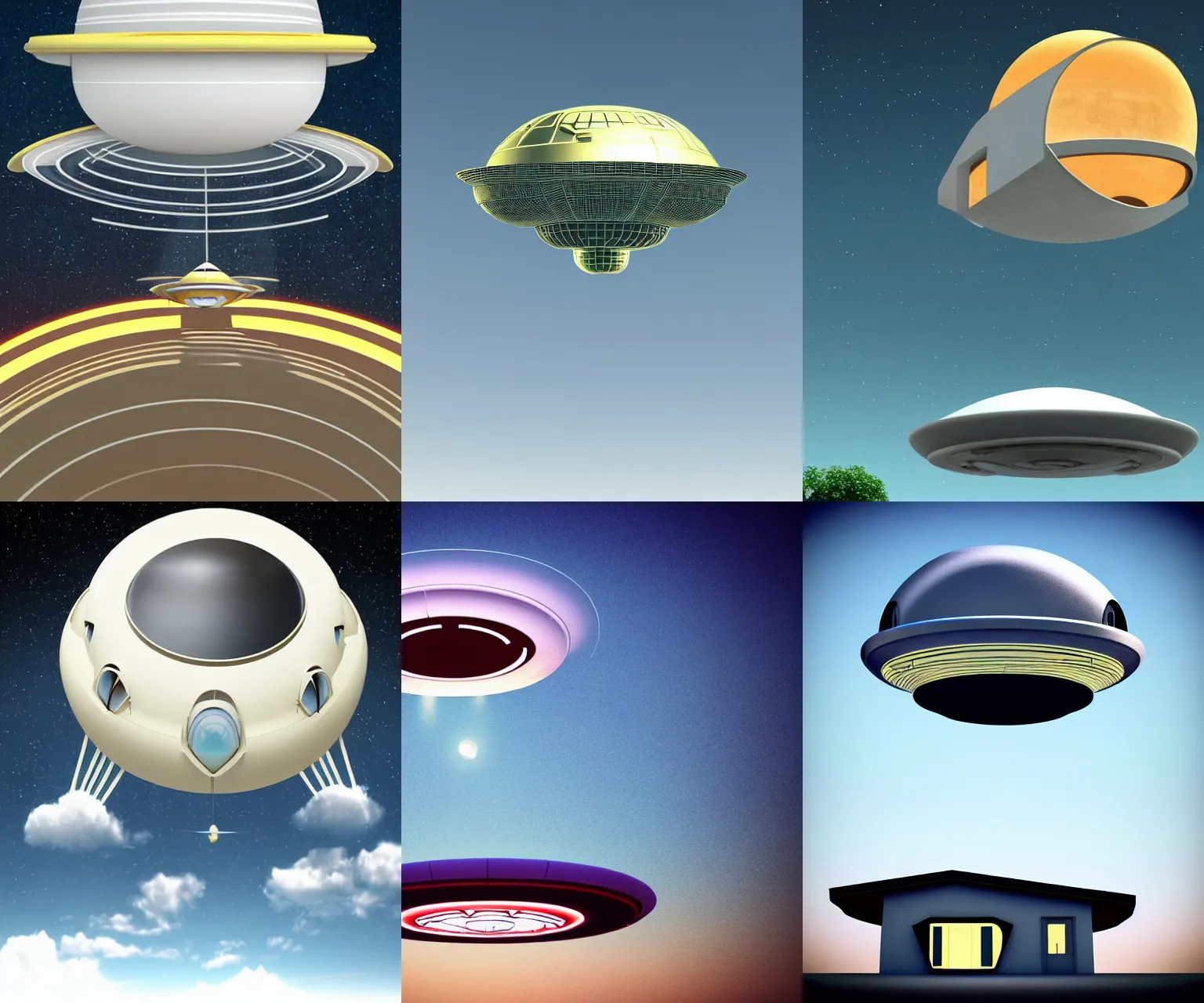 Image similar to retro-futurism style-art deco- 3d UFO above house