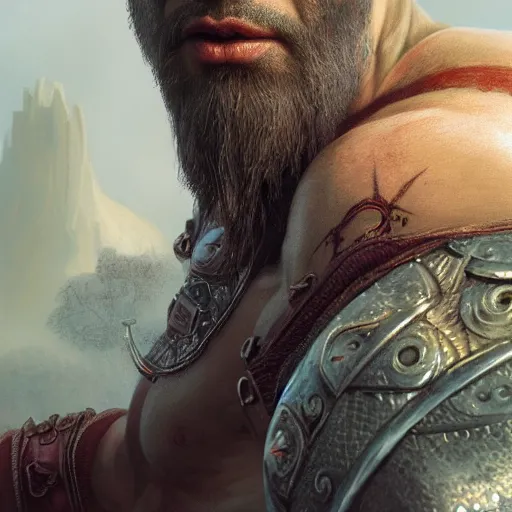 Image similar to portrait of kratos, intricate artwork, concept art, octane render, deviantart, cinematic, key art, hyperrealism, iridescent accents, portrait photograph, nikon 3 5 mm, photograph by greg rutkowski