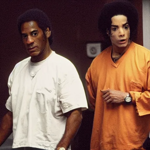 Image similar to bill cosby, michael jackson, and oj simpson in a prison cell together, award winning, 8k