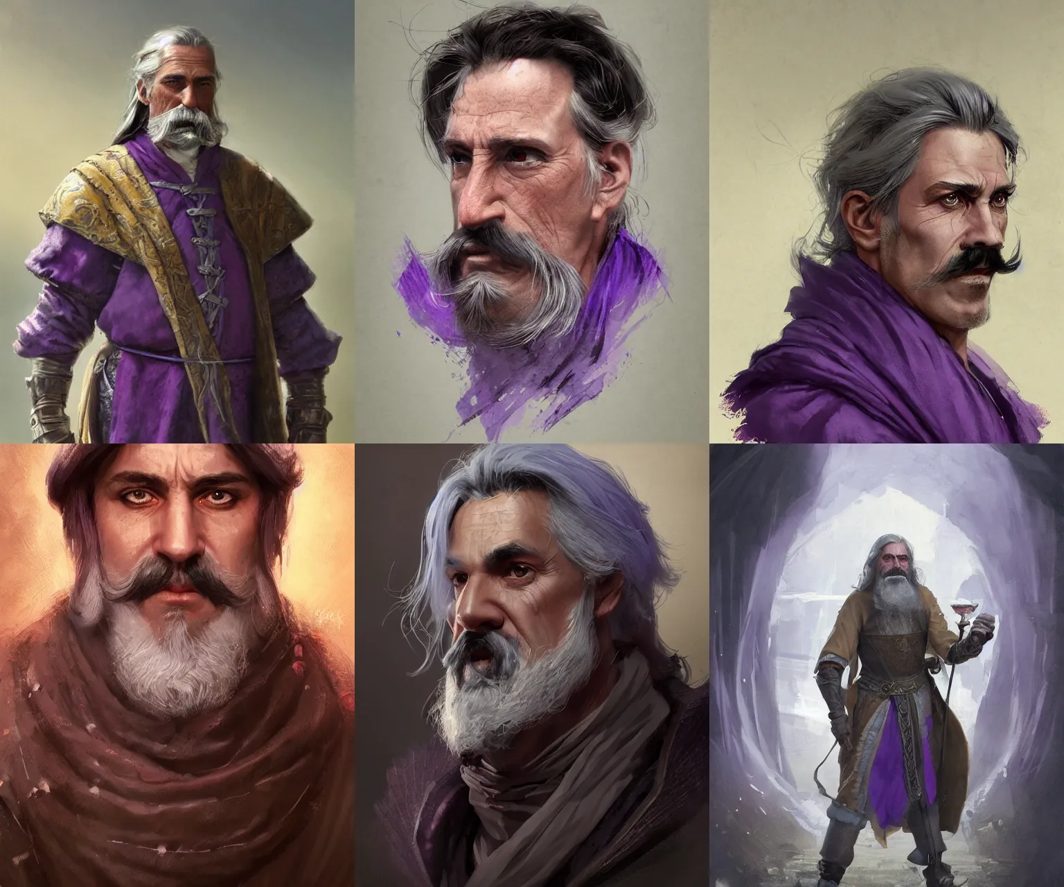 Prompt: 6 0 - year - old male noble with long gray hair wearing purple fine silks, mustache and soul patch, medieval setting, detailed face, highly detailed, artstation, concept art, sharp focus, by greg rutkowski, craig mullins, artgerm