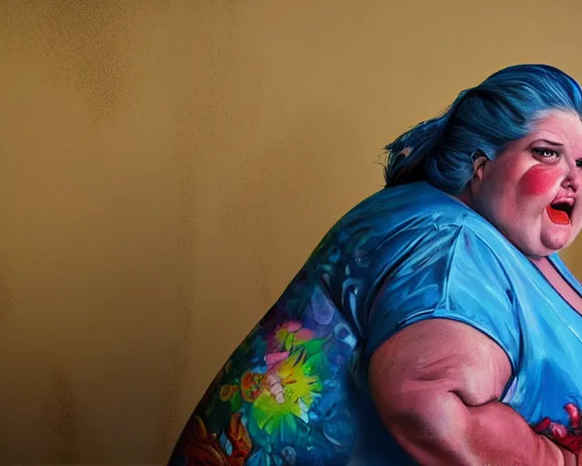 Image similar to an innocent and beautiful scene in hyper realistic style, about an fat old woman, wearing a luxurious jumpsuit, and painting a huge colorful fish on the wall, lighting from the barred window. shadows. 4 k. wide angle. wild. red mouth, blue eyes. deep focus, lovely scene. ambient occlusion render. unreal engine.