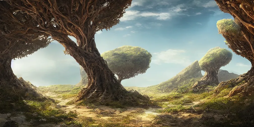 Prompt: Lively landscape of a socotra island filled with socotra dragon trees realistic detailed digital art by Maxwell Boas Jessica Rossier Christian Dimi