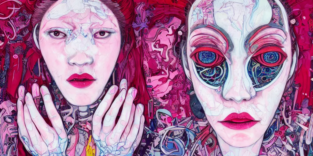 Prompt: full view portrait of a pale cyborg woman crying, in the style of jin kagetsu and james jean, background by beatriz milhazes, highly detailed, big glowing eyes, pink hair, red lipstick, face symmetry, masterpiece, sharp focus, realistic intricate concept art, dramatic lighting, 8 k