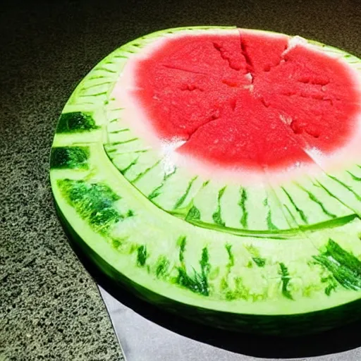 Prompt: a watermelon that's cut up like a pizza