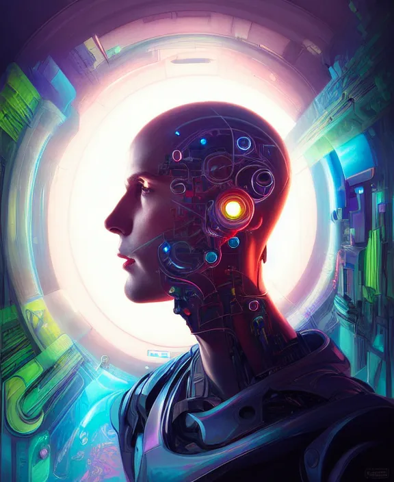 Image similar to a whirlwind inside the metaverse, guy, male, man, hologram, half body, neurochip, android, cyborg, cyberpunk face, by loish, d & d, fantasy, intricate, elegant, highly detailed, colorful, digital painting, artstation, concept art, art by artgerm and greg rutkowski and alphonse mucha