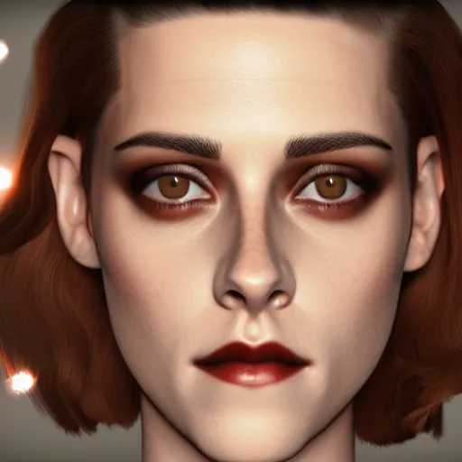 Prompt: Render of Kristen Stewart as Honor Harrington wearing an officer's uniform, cute 3d, long brown hair, brown eyes, soft smile, golden hour, aboard a starship, medium shot, mid-shot, trending on Artstation, Unreal Engine 4k