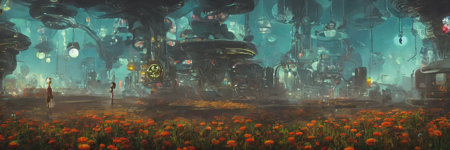 Image similar to beautiful low angle painting of an alien world with sleek architecture, steampunk, ground made of multicolour flowers, neon lights, a tiny girl watching on, in the style of shaun tan, elegant, highly detailed, digital painting, artstation, cinematic lighting, glowing light and shadows, trending on artstation, octane render