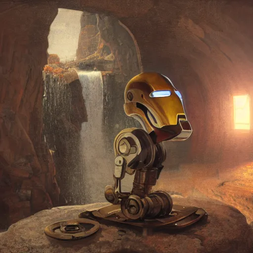 Prompt: A still life of a rusty robot, Pieter Claesz, William James Glackens, ((chains)), ((gears)), helmet, Iron man, (Unreal Engine), Octane render, (mountain background), ((rocks)), (waterfall)