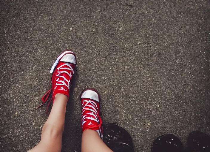 Image similar to legs of a woman sitting on the ground on a curb, knees up, very short pants, wearing red converse shoes, wet aslphalt road after rain, blurry background, sigma 8 5 mm