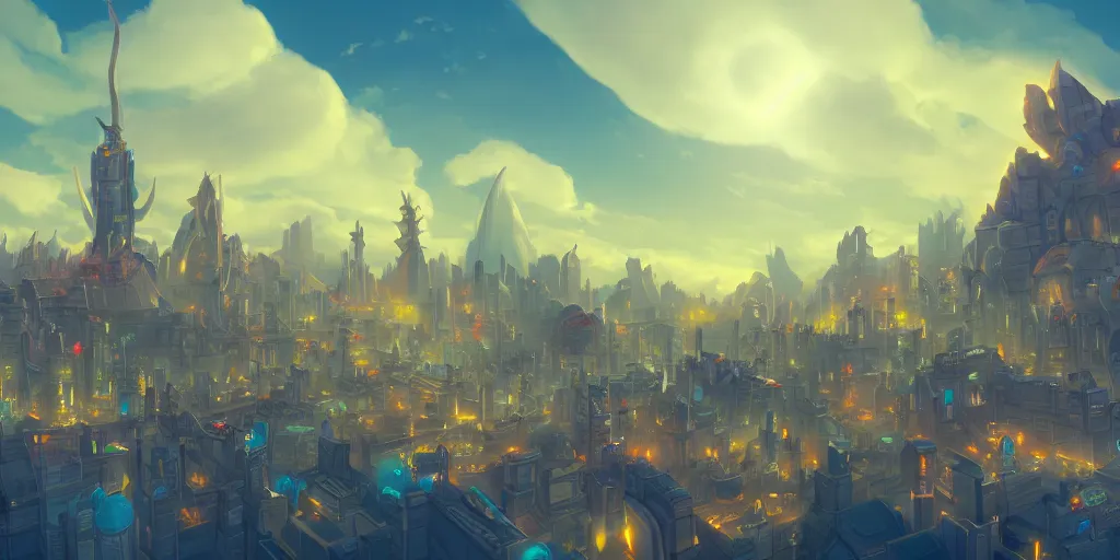 Prompt: a city in the style of piltover from arcane, tall towers, utopia, white blimps in the sky, blue skies, soft clouds, trending on artstation