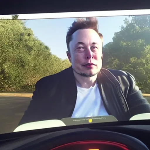 Image similar to “Elon musk the discord moderator who is so white from no sunlight. Eyes red from looking at the screen for too long. Sitting in his Tesla using the car screen as a computer.”