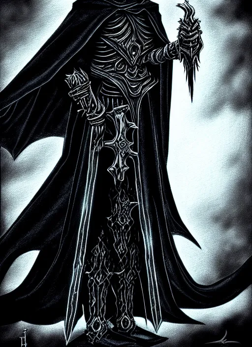 Image similar to ultradetailed artwork of the necromancer, wearing a black cloak, crisp