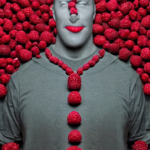 Image similar to studio photograph of a man made entirely out of raspberries