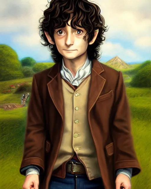 Image similar to portrait Anime joyful Hobbit Frodo Baggins; velvet brown jacket, backpack, Shire background || cute-fine-face, pretty face, realistic shaded Perfect face, fine details. Anime. realistic shaded lighting by Mark Arian