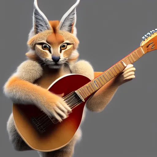 Prompt: cute fluffy caracal playing fluffy guitar, fully detailed, high quality , 4k , octane render , soft light , masterpiece