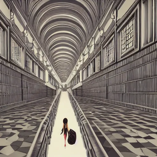 Prompt: a beautiful slimegirl woman in a bright white hallway with many doors and many stairs, Mc Escher architecture, epic composition, by Makoto Shinkai