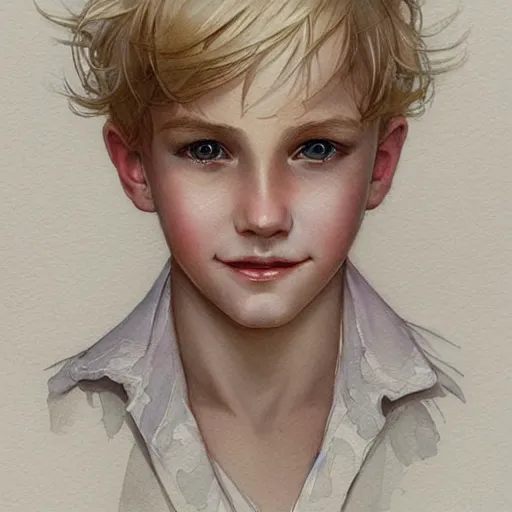 Prompt: young boy, blonde hair, happy eyes, smile, gorgeous, amazing, delicate, elegant, intricate, highly detailed, watercolor, portrait, artstation, concept art, sharp focus, illustration, art by artgerm and greg rutkowski and alphonse mucha