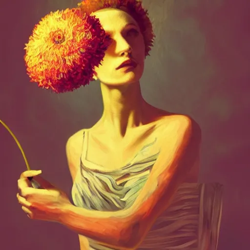 Image similar to giant flower head, woman in a luxury apartment, surreal photography, dramatic light, impressionist painting, digital painting, artstation, van gogh