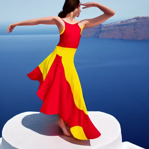 Image similar to beautiful modern dancer wearing a red and yellow and blue swirling dress, standing on a Santorini terrace looking down into the ocean, trending on artstation, cinematic, photorealistic