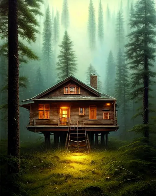 Image similar to a hyper - detailed 3 d render like an oil painting of cabin in the woods floating inside our own consciousness!!!!! surreal concept art, lifelike, photorealistic, digital painting, aesthetic, smooth, sharp focus, artstation hd, by greg rutkowski, bruce pennington, valentina remenar, rhads, asher duran,