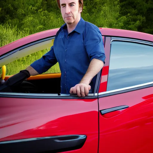 Prompt: photo of saul goodman at the mcdonald's drive thru in his red 2 0 1 4 dodge dart, taken with a canon eos 5 d,