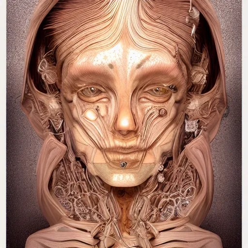 Image similar to beatifull face portrait of a woman, 150 mm, anatomical, flesh, flowers, mandelbrot fractal, facial muscles, veins, arteries, intricate, golden ratio, full frame, microscopic, elegant, highly detailed, ornate, ornament, sculpture, elegant , luxury, beautifully lit, ray trace, unreal, 3d, PBR, in the style of peter Gric , alex grey and Romero Ressendi