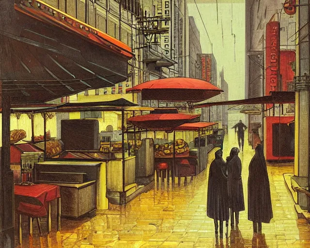 Image similar to street with food stands in a cyberpunk city on a rainy melancholy night by de chirico