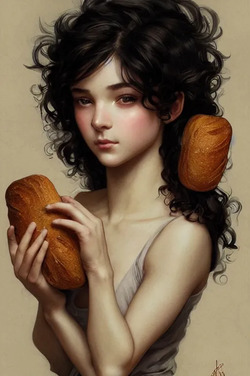 Image similar to beautiful goblincore of a girl with short black curly hair, round face, cute face, holding a loaf of bread. intricate, elegant. highly detailed, digital painting, artstation, concept art, smooth, sharp, focus, illustration. . art by artgerm and greg rutkowski and alphonse mucha