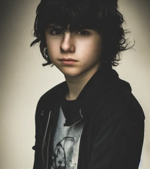 Image similar to an 8 5 mm professional portrait of nico di angelo, a young teenage boy with pale olive skin, black sullen eyes, long black hair, a reluctant smile, detailed professional photography, night lighting, defiant, ghosts theme, volumetric lighting