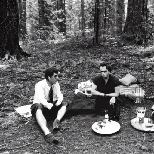 Image similar to ted bundy having a picnic at bohemian grove