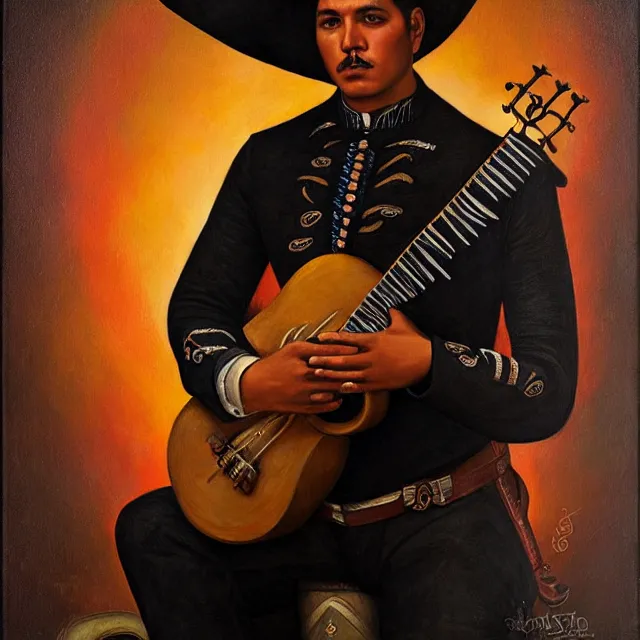 Prompt: portrait of a mexican mariachi musician, art by tom bagshaw and manuel sanjulian and diego rivera
