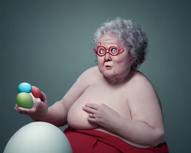 Image similar to of a very beautiful scene. ambient occlusion render. a sweet fat old woman is nursing a beautiful colorful huge egg. hyper realistic. 4 k. wide angle. baroque style. wild. symmetrical face, red mouth, blue eyes. deep focus, lovely scene. ambient occlusion render. concept art. unreal engine.