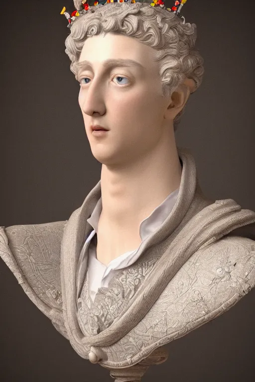 Prompt: a realistic porcelain full-head rococo style bust of handsome young Spanish prince with colored pipecleaners for a crown and suspended in outer space, photorealism, octane render, depth of field, 8k, 35mm, artgem, Trending on artstation
