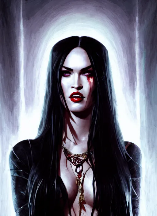 Image similar to portrait of megan fox as a evil vampire queen, bloody tears, jewelry, greek, dark, intricate, headshot, vampirism fangs, key visual, conceptart, ambient lighting, highly detailed, digital painting, artstation, concept art, sharp focus, by makoto shinkai and akihiko yoshida and greg manchess