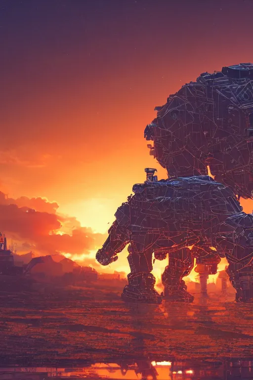 Image similar to A real photo of a Mechanical Bear and the sunset in the distance, by Josan Gonzalez, Yoji Shinkawa and Geof Darrow, highly detailed, Unreal Engine Render, 3D, 8k wallpaper