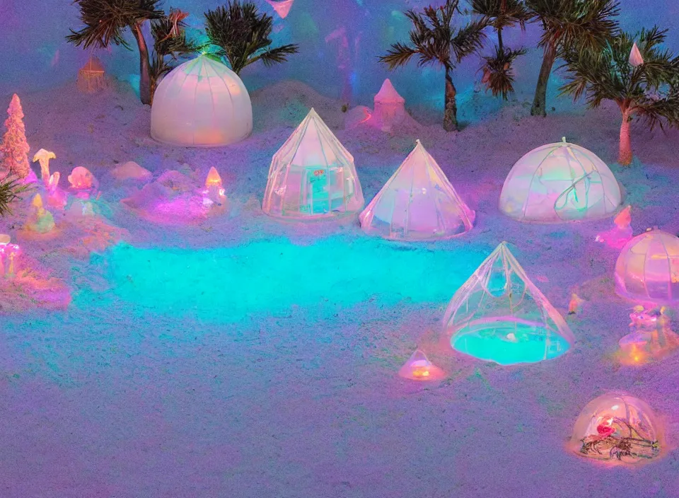 Image similar to a vintage family holiday photo of an empty beach from an alien dreamstate world with chalky pink iridescent!! sand, reflective lavender ocean water, dim bioluminescent plant life and an igloo shaped plastic transparent bell tent surrounded by holiday clutter opposite a pit with an iridescent blue flame flickering. refraction, volumetric, light.