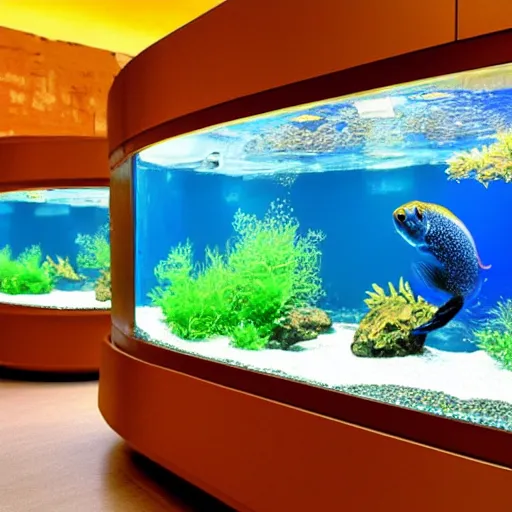 Image similar to there are two round aquariums on a blue table with a blue background. a gold fish is jumping from one aquarium to the other one