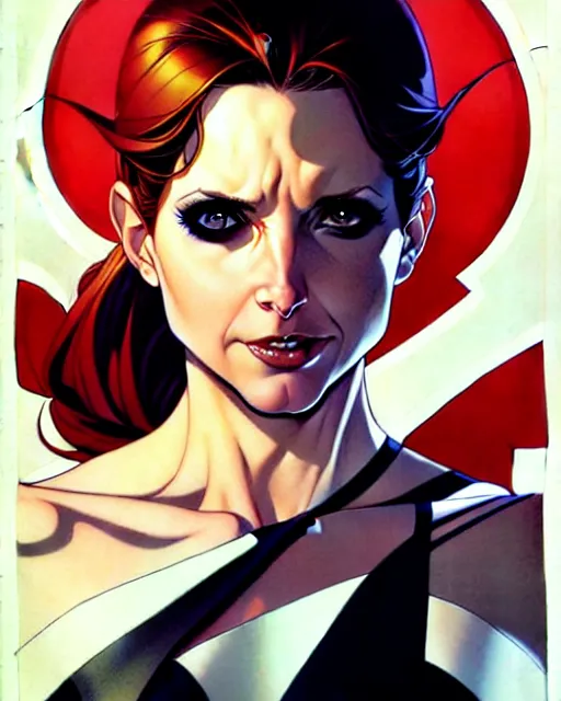 Image similar to artgerm, joshua middleton comic cover art, pretty sarah michelle gellar superhero, very pale white skin, asymmetrical black spot covering left eye only, no spot right eye white around right eye