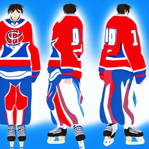 Image similar to cute anime girl ice hockey player, habs jersey, blue white and red color blocking, character concept exploration, ghost in the shell, outfit designs, trending on artstation, 8k