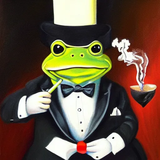 Prompt: a frog in a tuxedo with a top hat smoking a pipe, oil painting, portrait